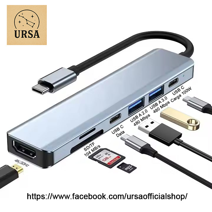 Adaptador Hub USB Tipo C 7 en 1 - 4K HDMI, USB 3.0, PD Caga, Tarjeta MicroSD